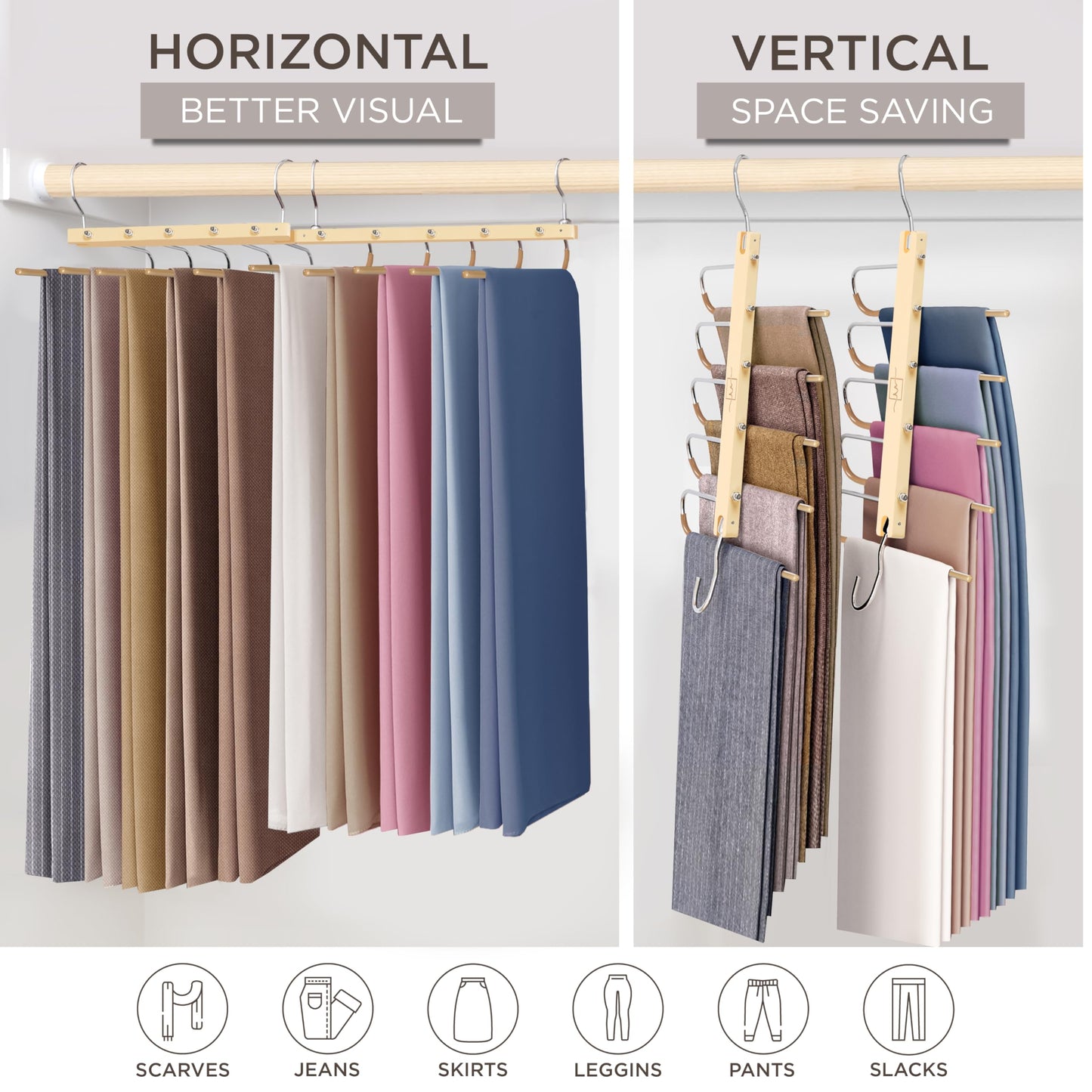 MORALVE Trousers Hangers Space Saving - 2 Pack European Beechwood Scarf and Jeans Hangers - Wardrobe Organiser and Space Saver Trouser Rack