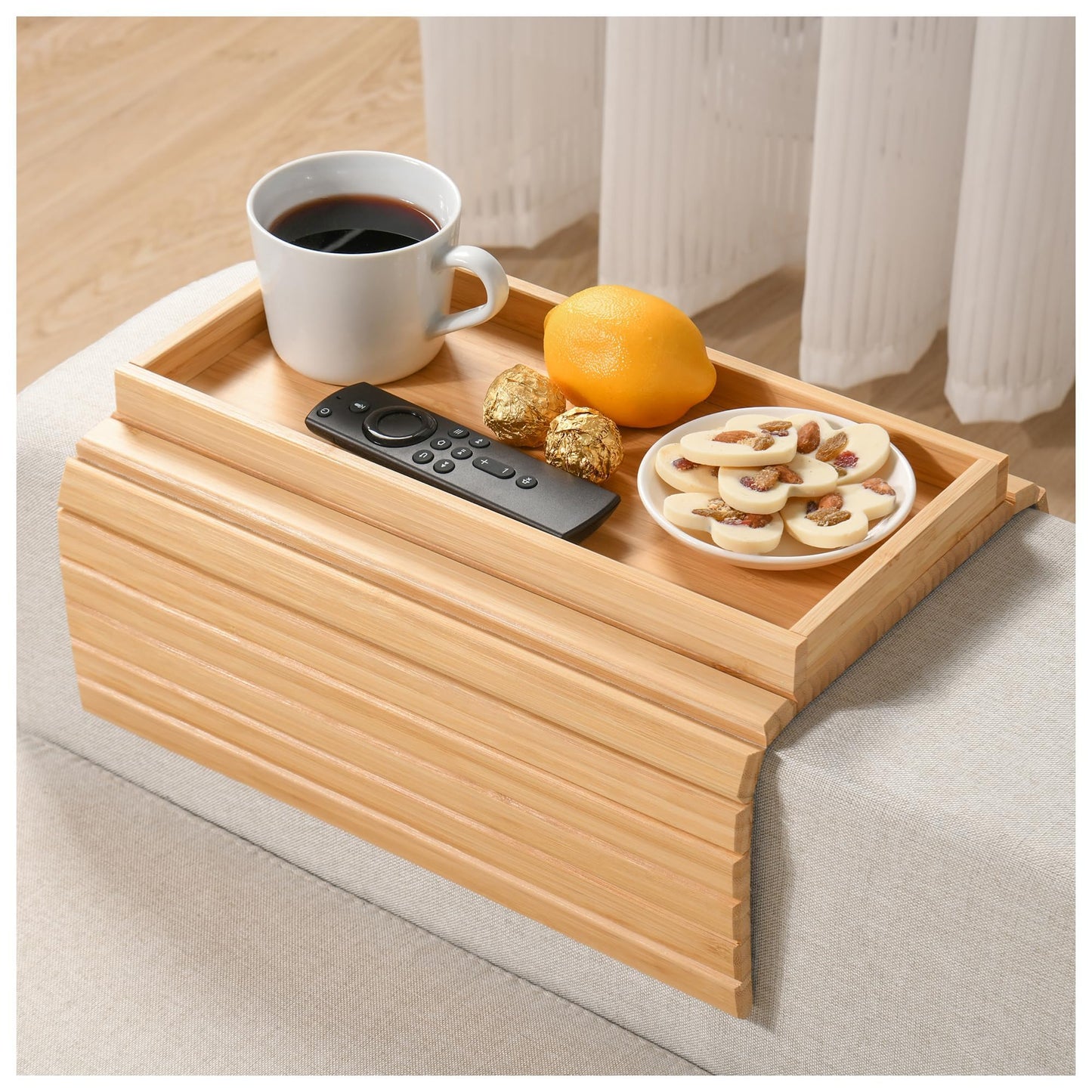 WGNIVOROUS Natural Bamboo Sofa Arm Tray, Armchair Tray, Adjustable Sofa Support, Sofa Side Table for Remote Control, Drink, Snacks, Magazine
