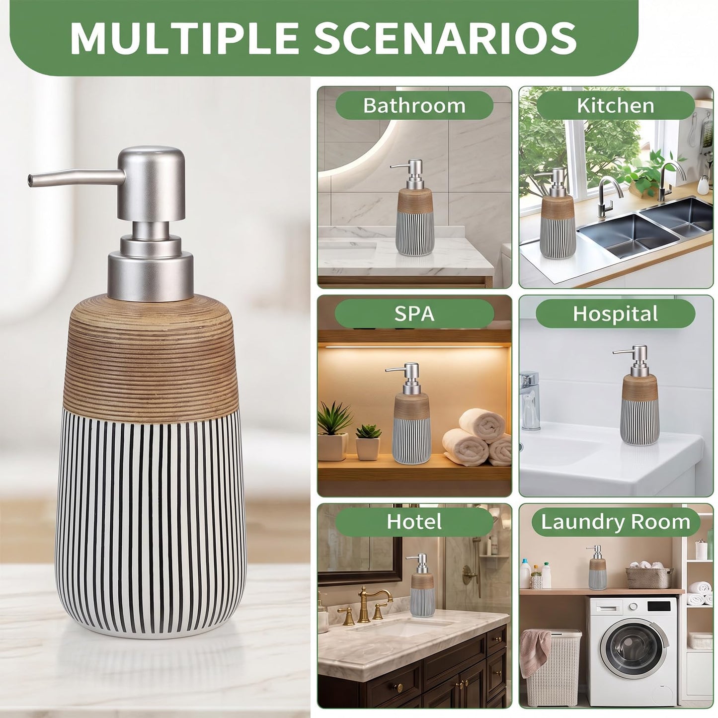 Ceramic Soap Dispenser - 420ml Liquid Dispenser Refillable Hand Lotion Pump Bottles Shampoo Conditioner Shower Gel Dish Detergent Storage Container