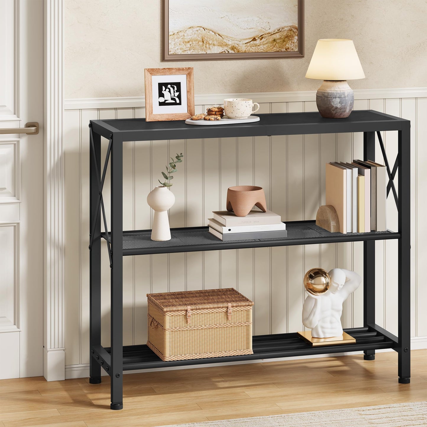 Hoctieon Industrial Console Table, 3 Tier Entryway Table, Metal Frame, Sofa Tables with Shelf, Hallway Desk, Entrance Tables for Entryway