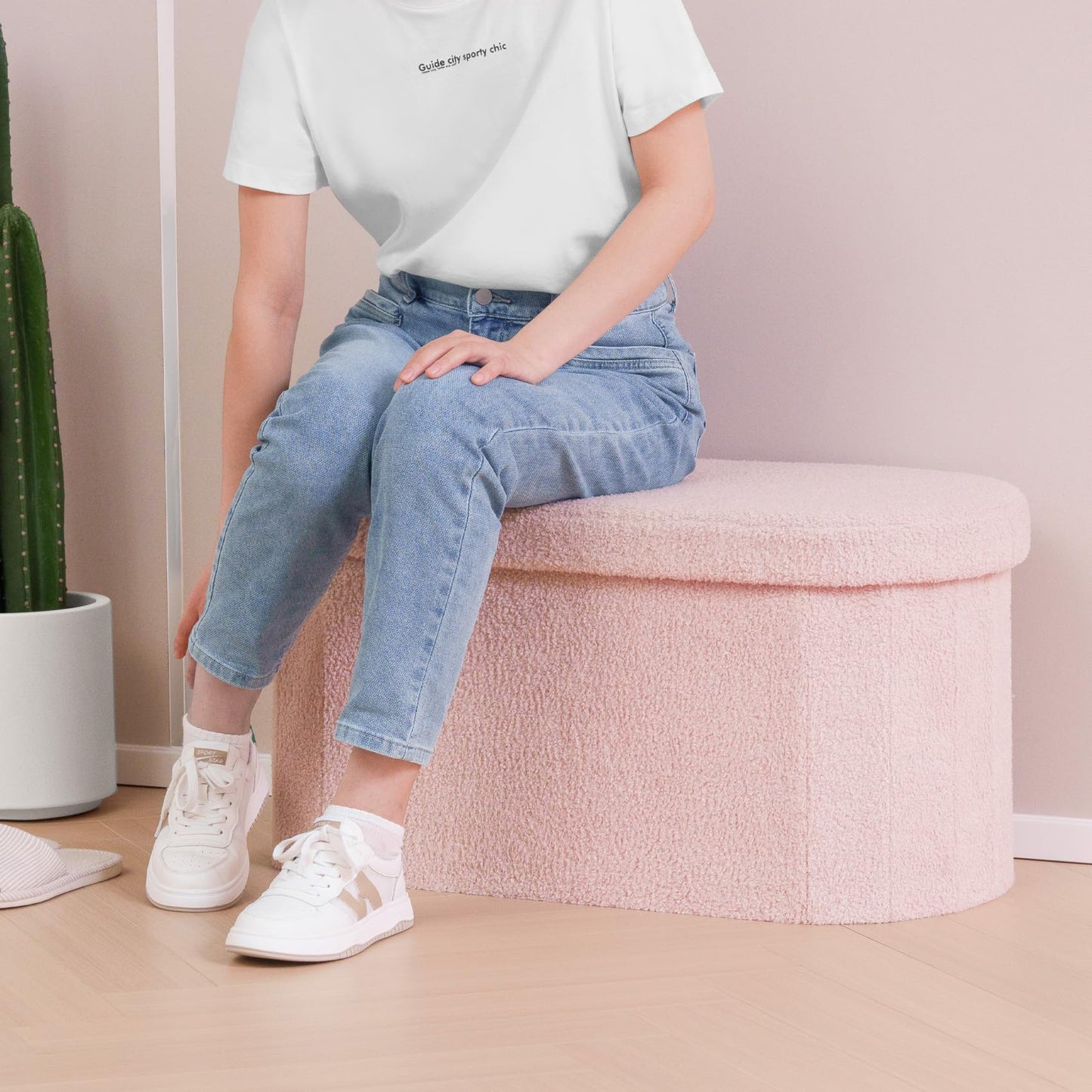 Bonlife Folding Ottoman Storage Bench,Boucle Footstool Oval, End of Bed Stool, Ideal for Living Room, Bedroom,76x38x38cm,Pink