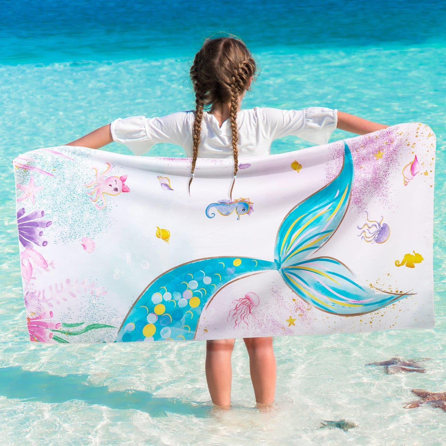 WERNNSAI Mermaid Microfibre Beach Towel for Kids, 76 x 150cm Bath Towel