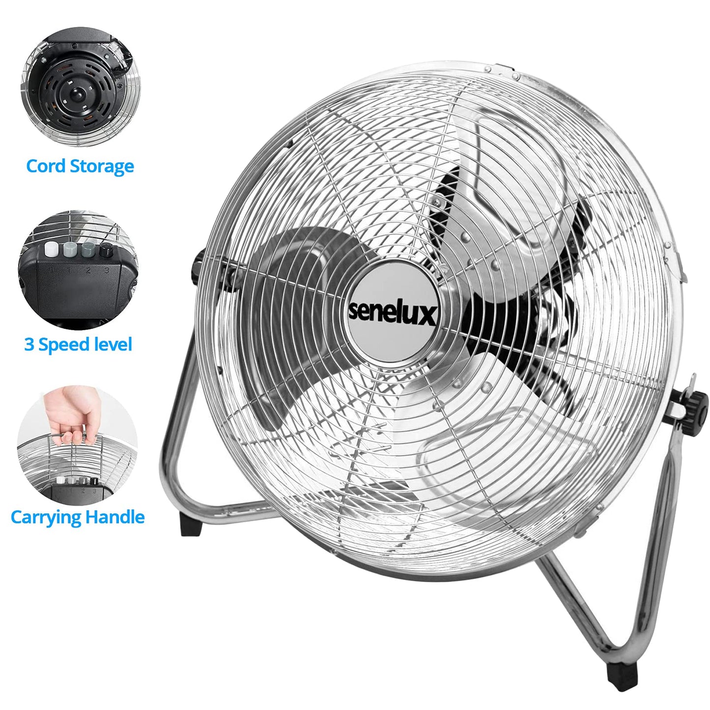 Senelux Floor Fan - Chrome Gym Fan - Electric Portable Cooling Fan for Home/Gym/Office Use - 3 Speed Settings with Tilting Feature - High Velocity