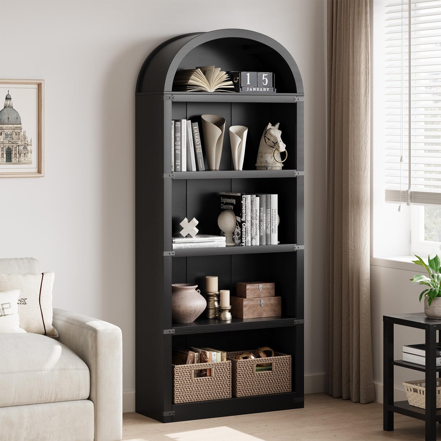Lidzopas Arched 5-Tier Wooden Bookcase Cabinet with Doors for Office, Living Room, Bedroom, 71.65in Tall Farmhouse Bookshelf, Display & Storage Rack