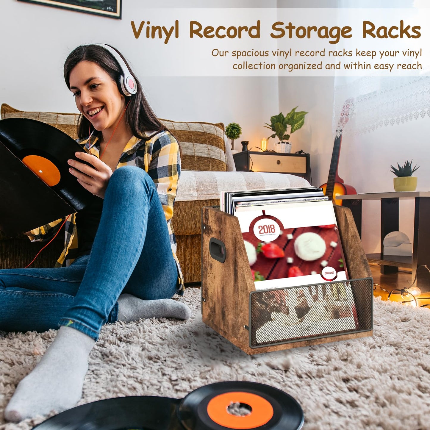 Bryzal Vinyl Record Storage Holder Wood Holds up to 60 Records with Handle