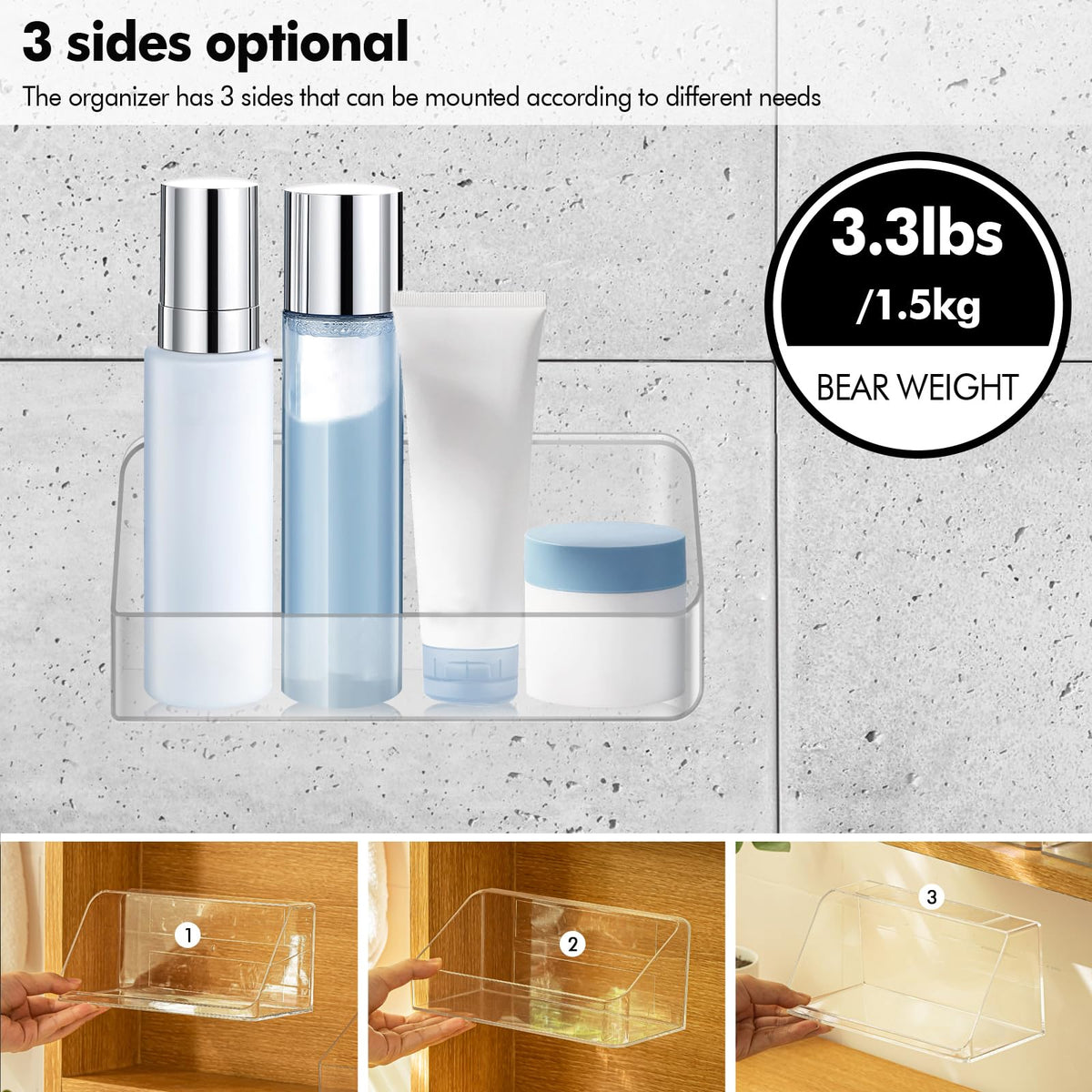 poeland Wall Mounted Storage Organizer, No Drilling Bathroom Shelf, Clear Storage Box for Bathroom, Bedroom, Mirror Cabinets Transparent