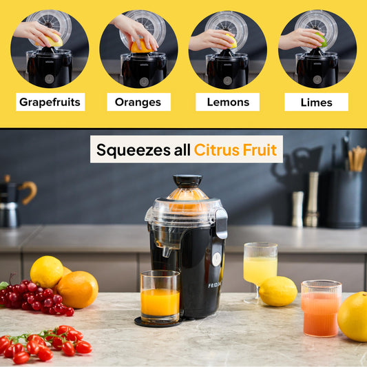 Fridja F800 Automatic Citrus Juicer - One-Touch Operation, No Spills or Splashes, Easy to Clean, Stainless Steel, Black, Ideal for Oranges, Lemons,