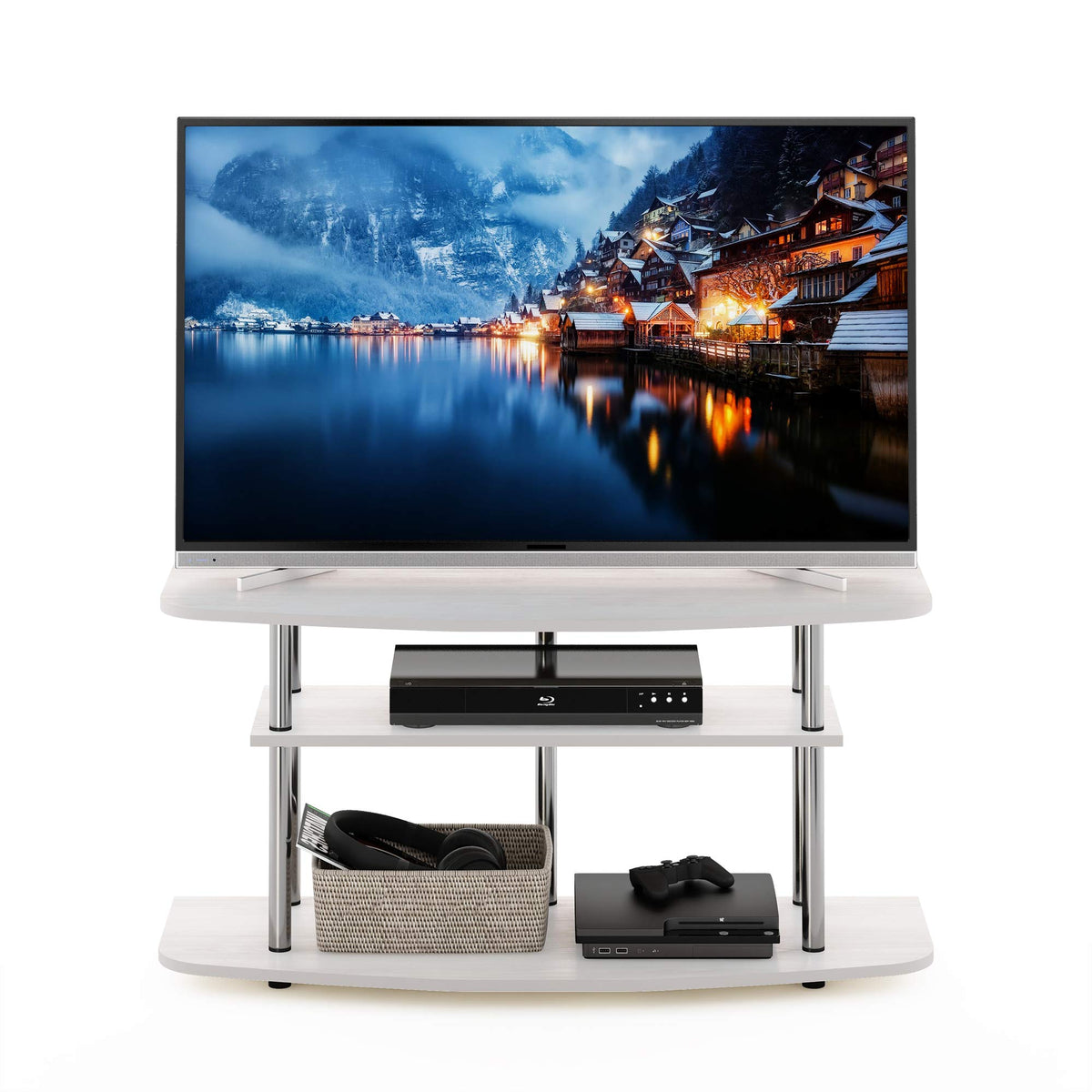 Furinno TURN-N-TUBE TV Stand, 3-Tier Entertainment Center,TV Console for TV up to 46 Inch, for Living Room, Bedroom, White Oak