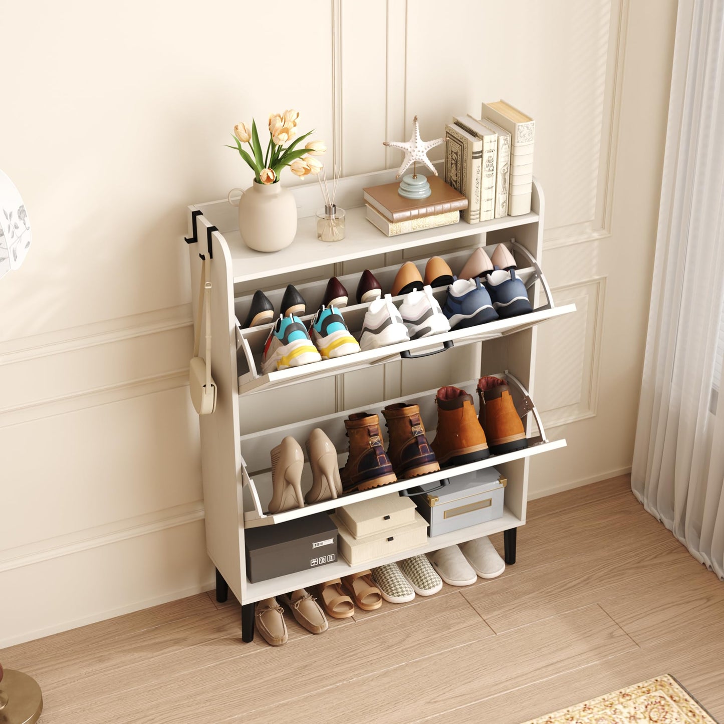 HOME BI Farmhouse Shoe Cabinet with Two Flip Drawers,3-Tier Shoe Storage Organizer with Open Shelf & Top Display,Freestanding Narrow Hidden Shoe Rack