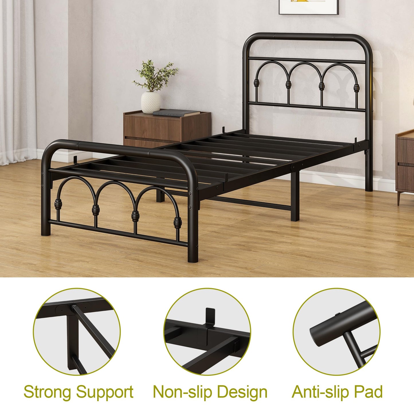 MUZERUL 3ft Single Bed Frame with Headboard(90x190cm),Metal Single Size Bed Base with Footboard,Heavy Duty Metal Platform,Steel Slat Support,No Box