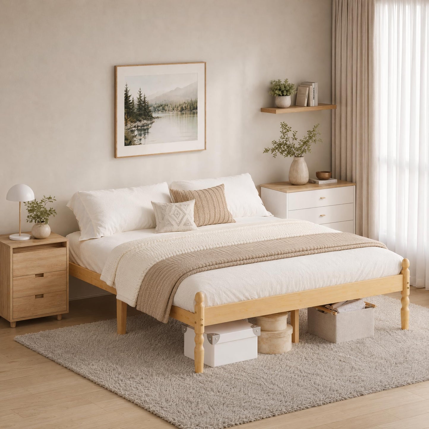 APEXTELLA HOME King Bed Frame 14-inch Natural Bamboo Wood Platform Bed with Metal Slats Support and Mattress Slide Stopper, Underbed Storage Space