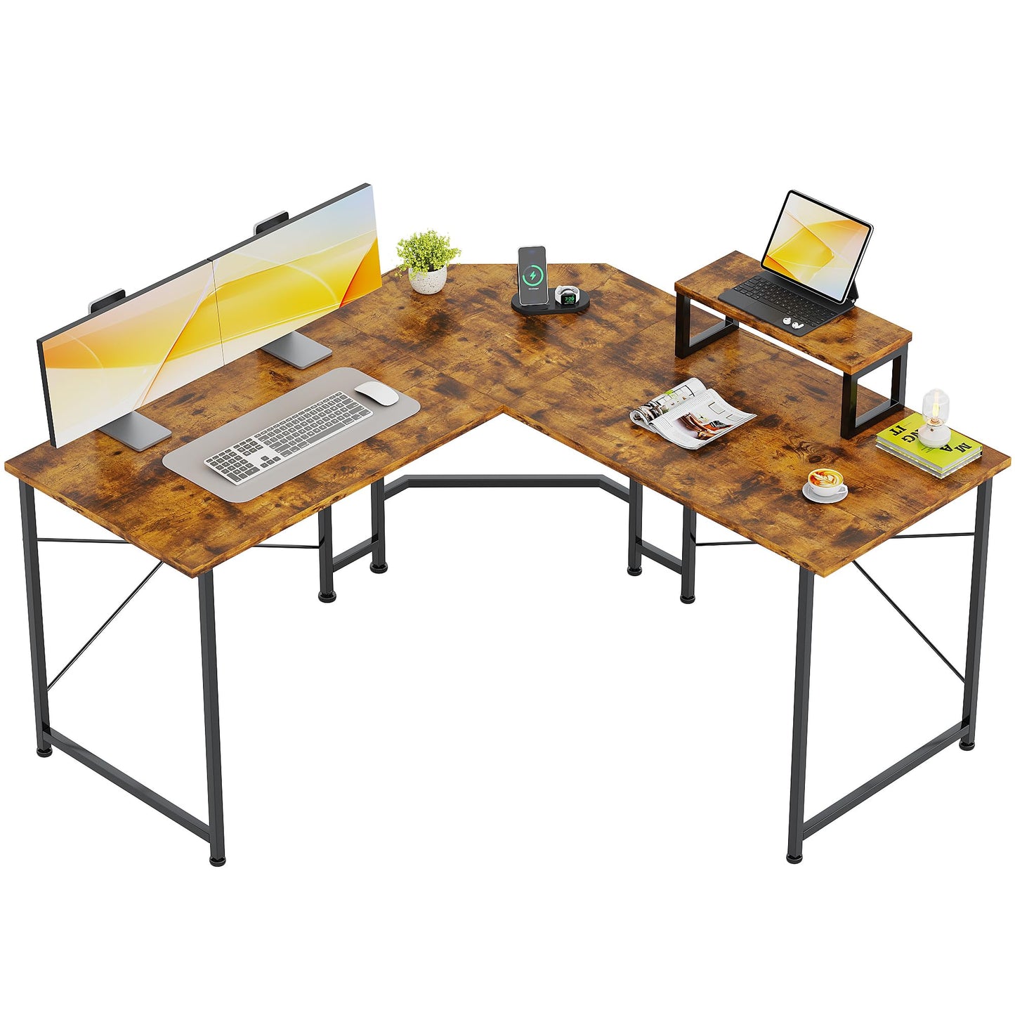 CAIYUN Corner Desk, 50" L Shaped Gaming Desk with Removable Monitor Stand, Computer Desk for Home Office, Metal Frame, Brown