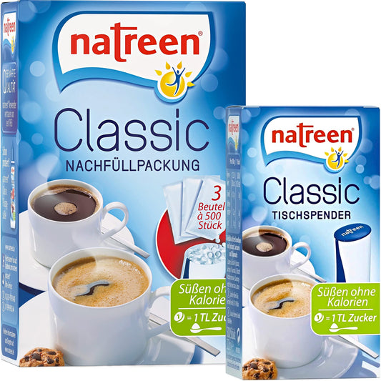 NATREEN? Classic Table Dispenser 500 pcs. and Refill Pack 3x500 pcs. - The calorie-free sweetener for coffee and tea / Netherlands