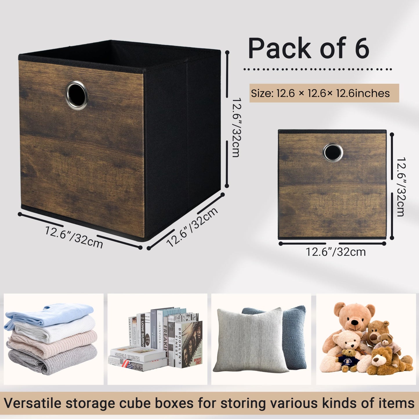 Folzaelar 6 Pack Durable Storage Cube Bin with Decorative Wood Grain,Thickened Fabric Boxes,Storage Basket for