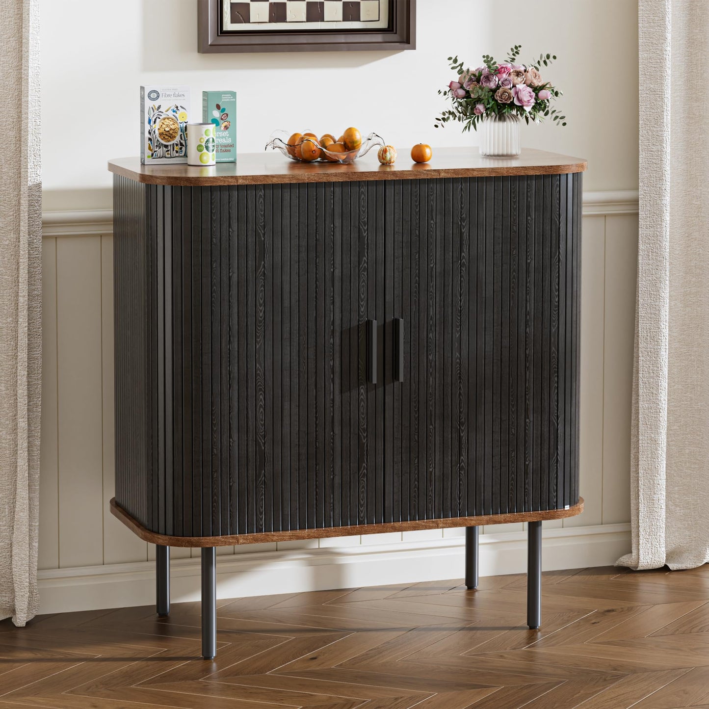 BonVache Sideboard, Buffet Storage Cabinet for Living Room, Kitchen Cupboard with Tambour Sliding Door
