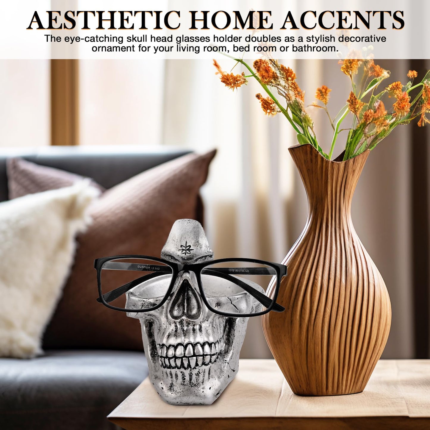 VIPbuy Skull Glasses Holder Stand, Novelty Eyeglass Holder Rack with Storage Tray for Nightstand