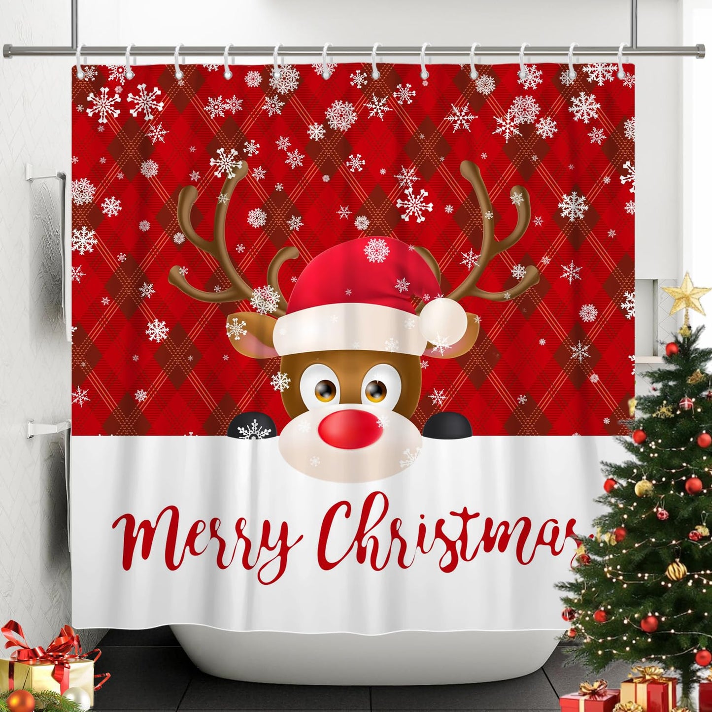 SDOTPMT 140x183cm Cute Cartoon Reindeer with Red Hat Shower Curtain Merry Christmas Festive Red Grids Bath Curtain Winter Holiday Snowflakes Shower
