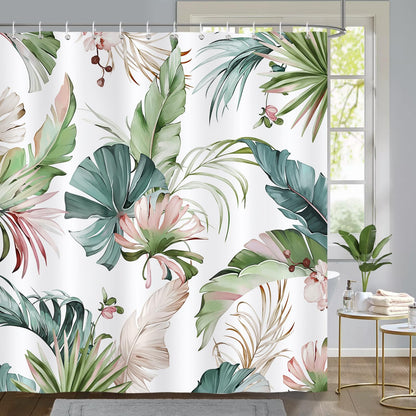 COZZSNUGE Tropical Leaves Shower Curtain, Sage Green Pink Palm Leaf Monstera Plant Nature Summer Bathroom Curtain 180 x 180 cm