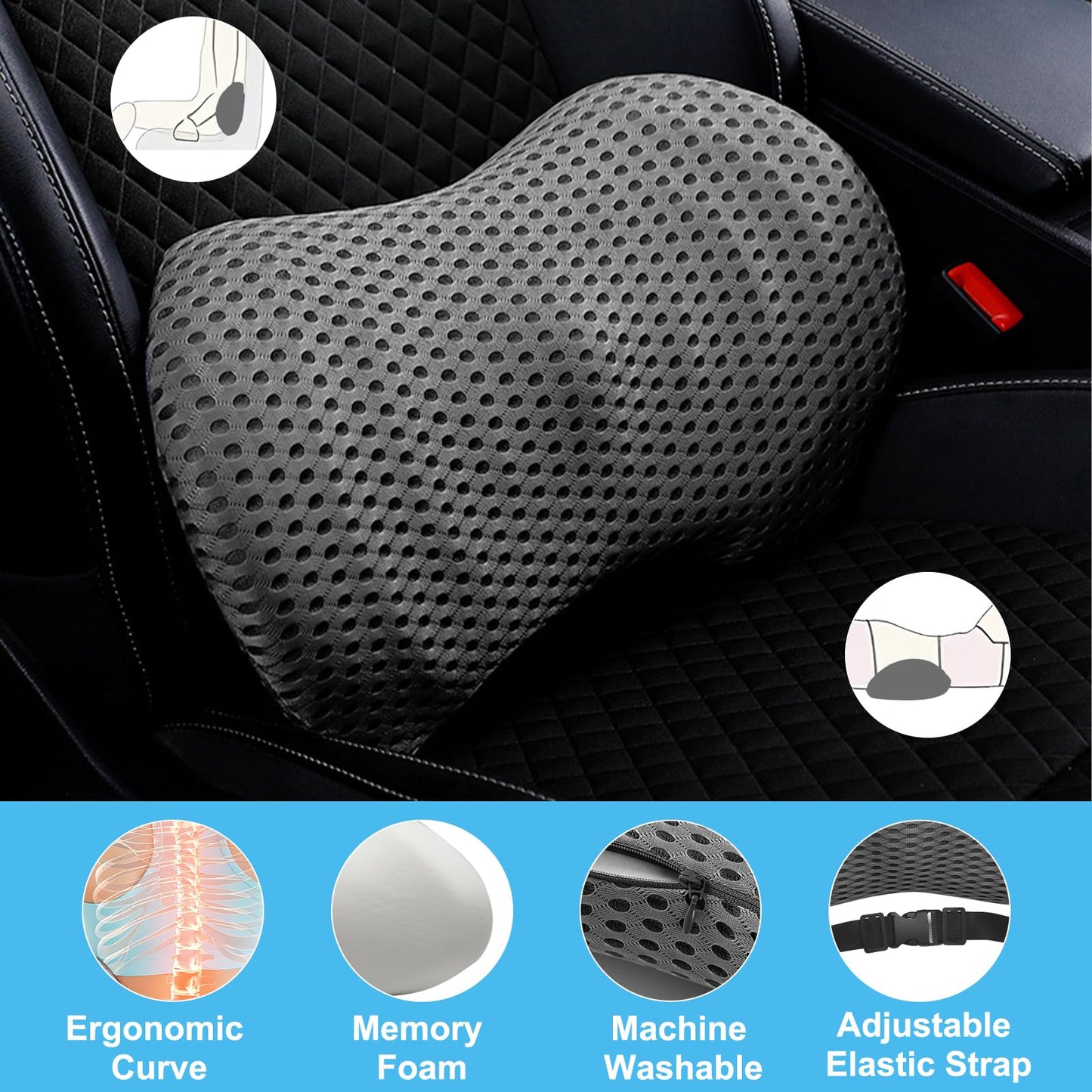 DAWRIS Lumbar Support Memory Foam Pillow, Lumber Support Cushions with Detachable Elastic Strap for Car Office Chair