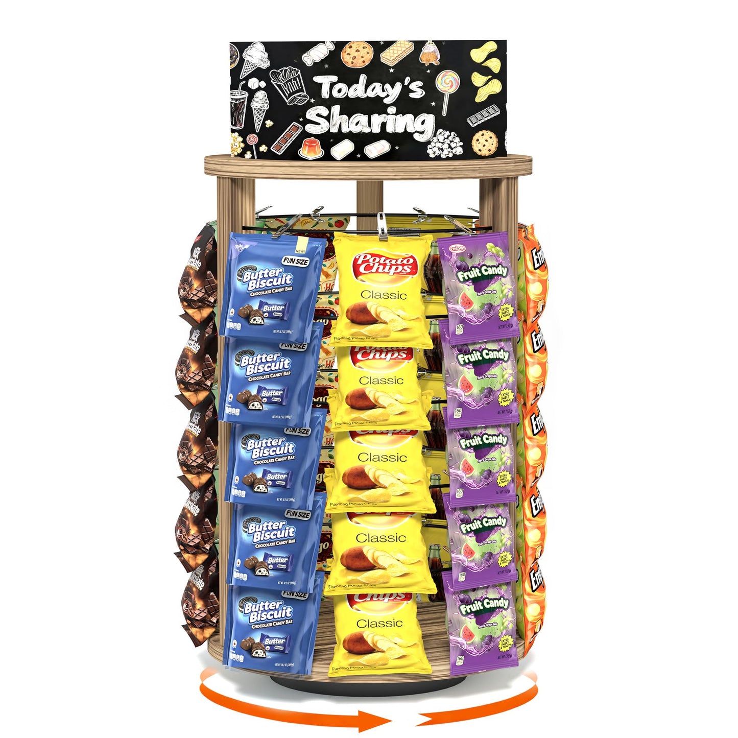 Emfogoo 360° Rotating Snack Organiser, 5 Tier 50 Clips Wooden Chip Rack Display Stand With Advertising Board