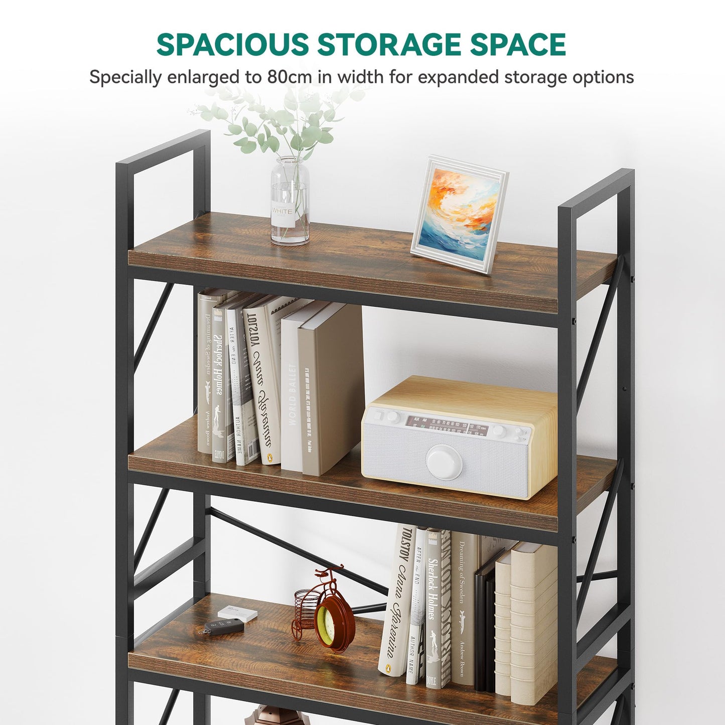 YITAHOME Bookcase 5 Tiers, Large Bookshelf, Wooden Shelf and Metal Frame, Industrial Shelving Unit, Floorstanding Storage Rack, for Living Room