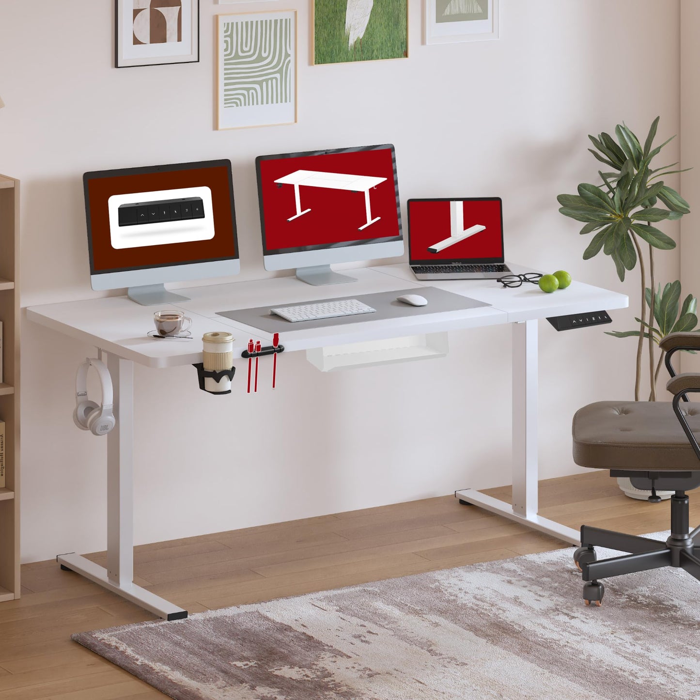 SANODESK 160 * 60 Electric Standing Desk Height Adjustable Desk Built-in Cup Holder, Hooks