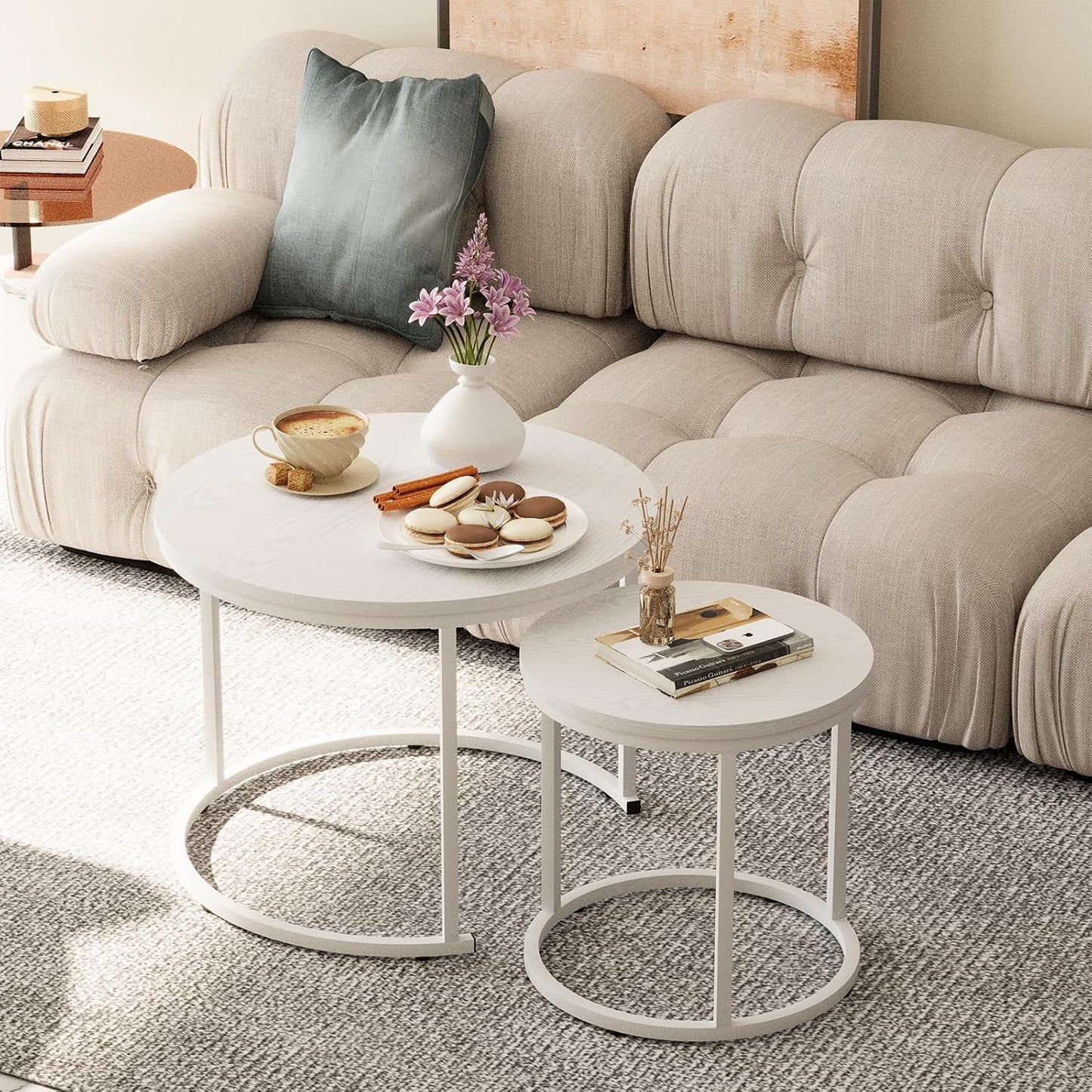 Huhote Round Coffee Tables, Set of 2 End Table, Nesting Tables, Side Table