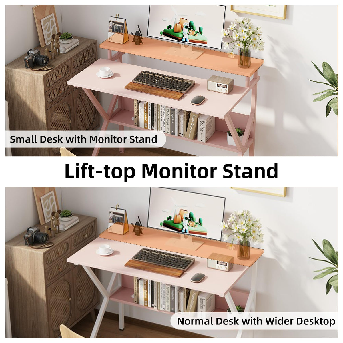 CAIYUN 70cm Computer Desk, Home Office Desk for Home, Small Desk for Spaces, Pink Small Table with Monitor Stand