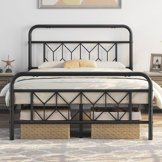 Yaheetech 4ft6 Double Bed Frames Vintage Sturdy Metal Platform Bed with Large Storage/Diamond Pattern Headboard/Easy Assembly/Embeded Design Bed Base,