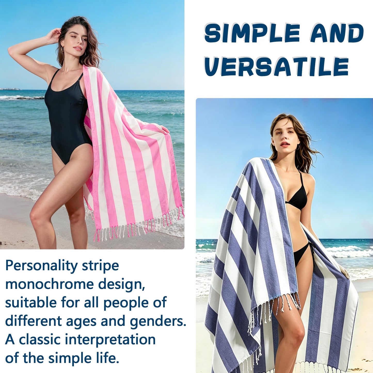 2 Pcs Turkish Beach Towel Cotton Lightweight Sand Free Blanket Quick Dry Serviette de Plage Towels for Swimming Camping Accessories Women Summer
