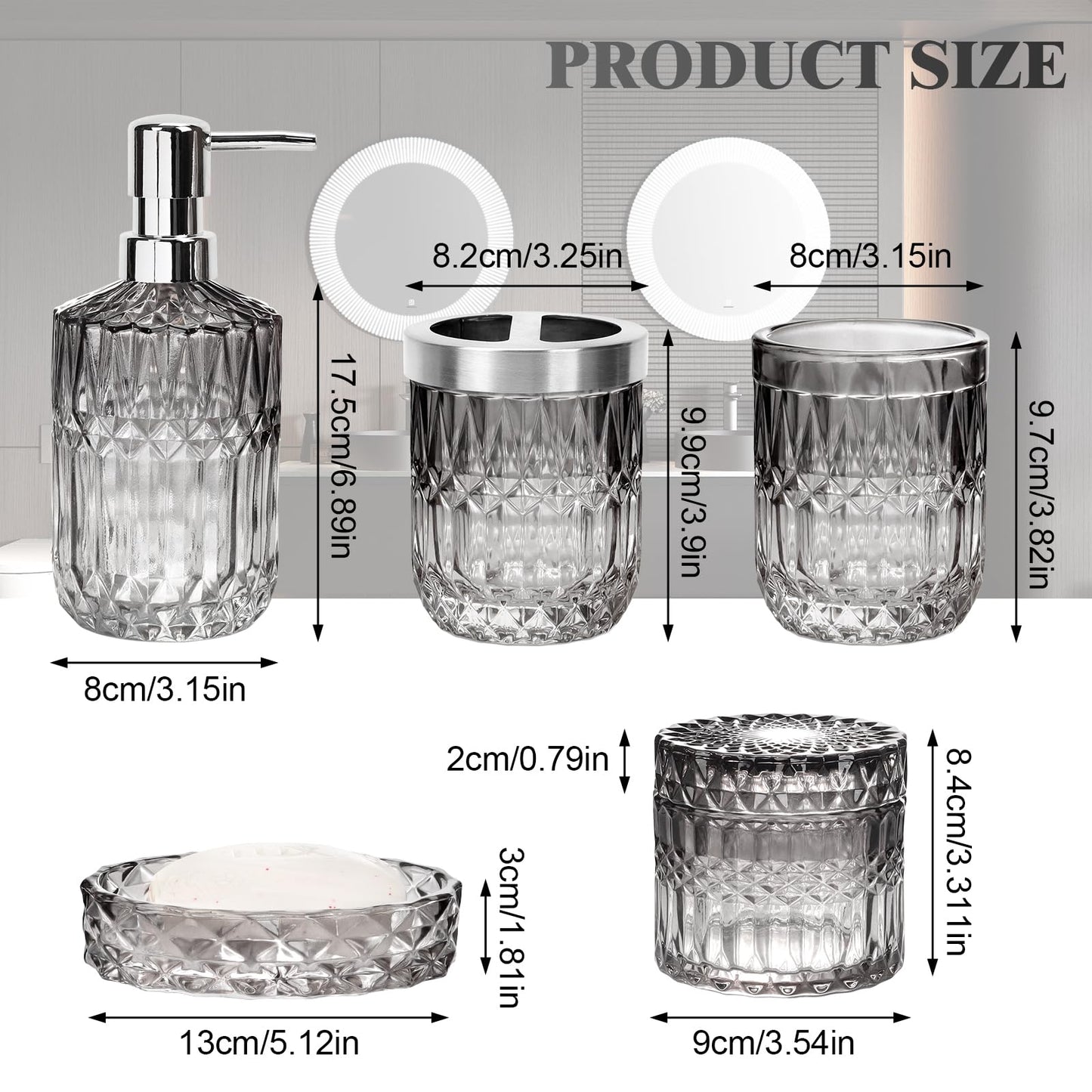 Glass Bathroom Accessories Set - 5Pc Toothbrush Holder Set with Tumbler, Soap Dish & Cotton Swab Jar