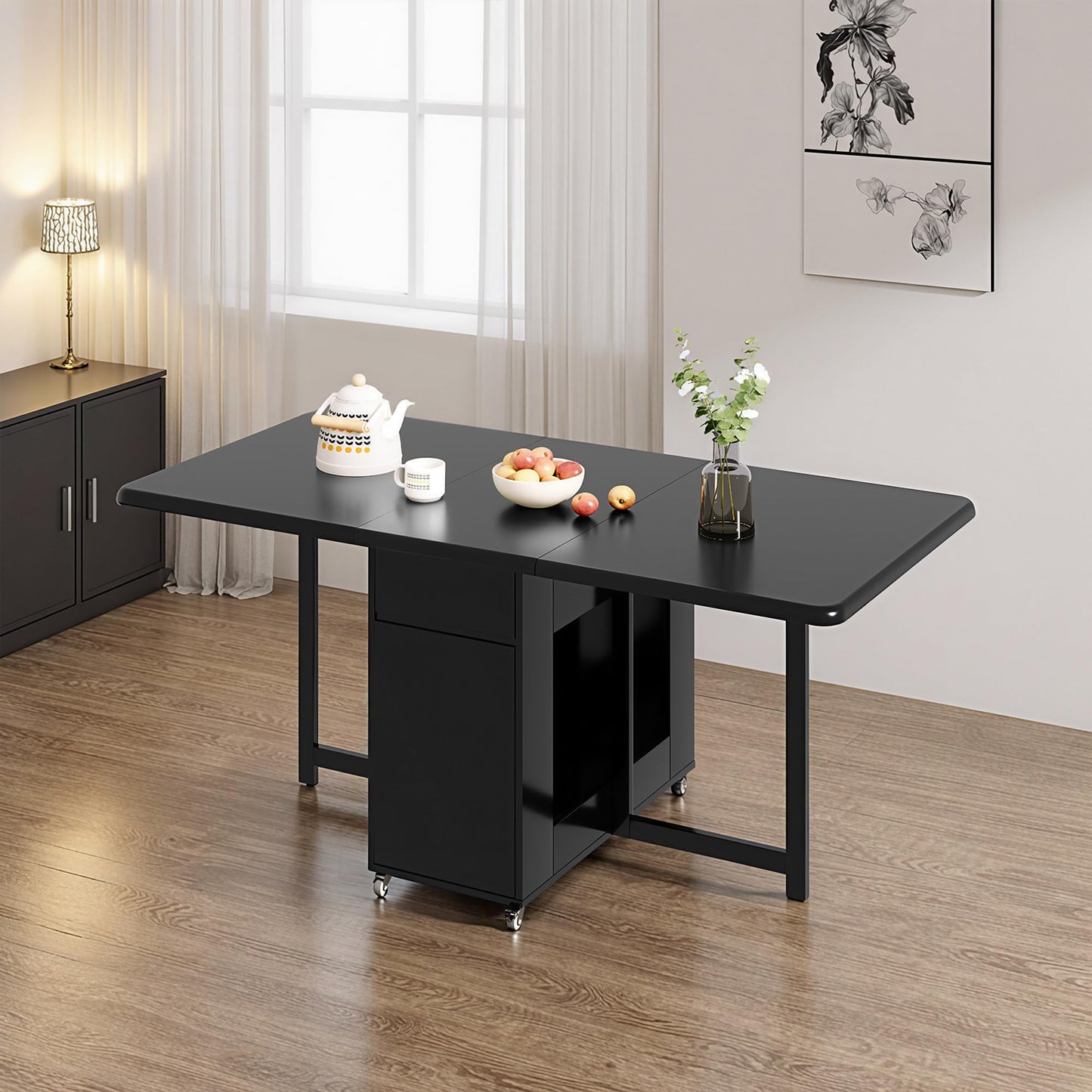 GildedGrove Solid Wood Folding Dining Table - Retro Black Finish with Wheels & Storage | Mobile Long Table for 4-6 People