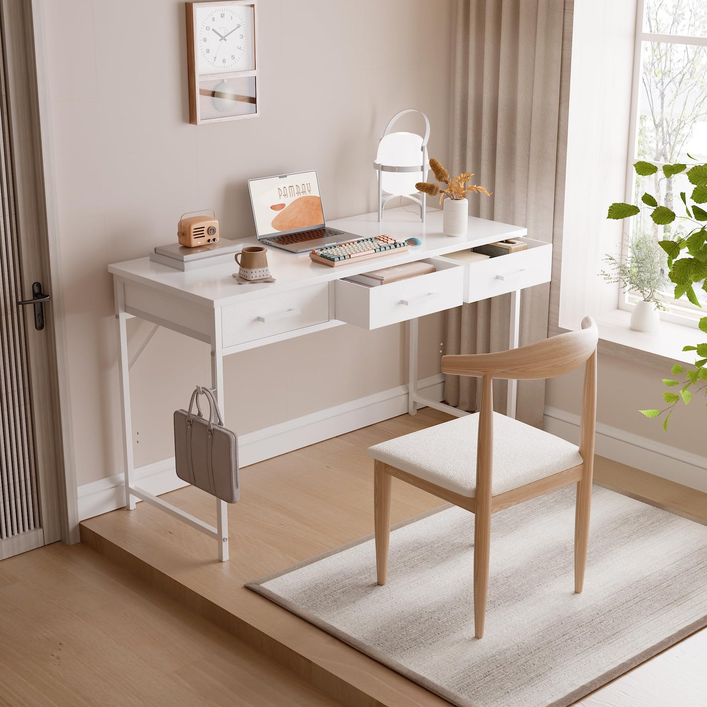 PAMRAY 120cm Small Computer Desk with 3 Drawers for Bedroom Study Writing Home Office Table for Small Spaces White