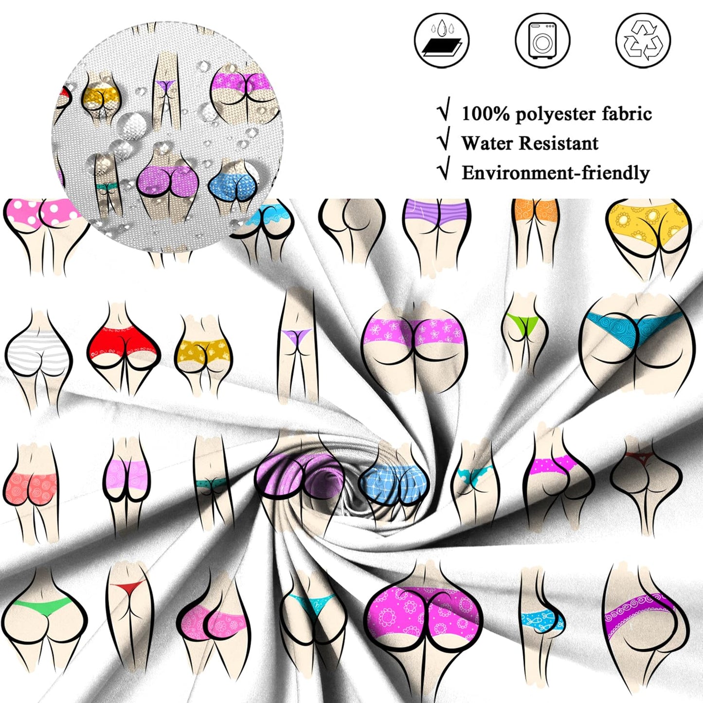 ASDCXZ Funny Shower Curtain 180x180 cm, Funny Colorful Butt Curve Pattern White Bath Washable Shower Curtains Polyester Textile Waterproof Bath
