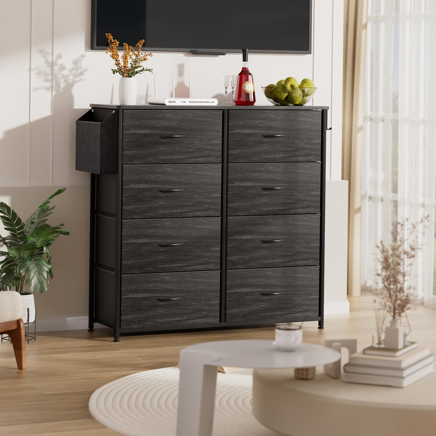 PURFINO Fabric Chest of Drawers - Canvas Storage Unit with 8 Large Drawers, Label Cards, Side Pocket & Hook for Living Room, Hallway, Bedroom