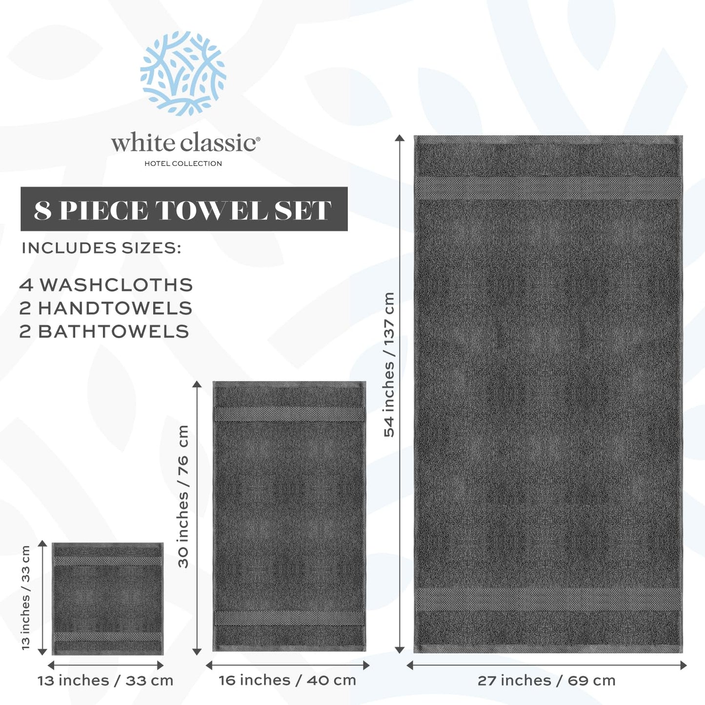 White Classic 8 Piece Towel Set Charcoal Grey - Egyptian Cotton Towels 2 Pcs Large Bath Towels, 2 Pcs Thick Hand Towels, 4 Pcs Face Towels, Quick Dry