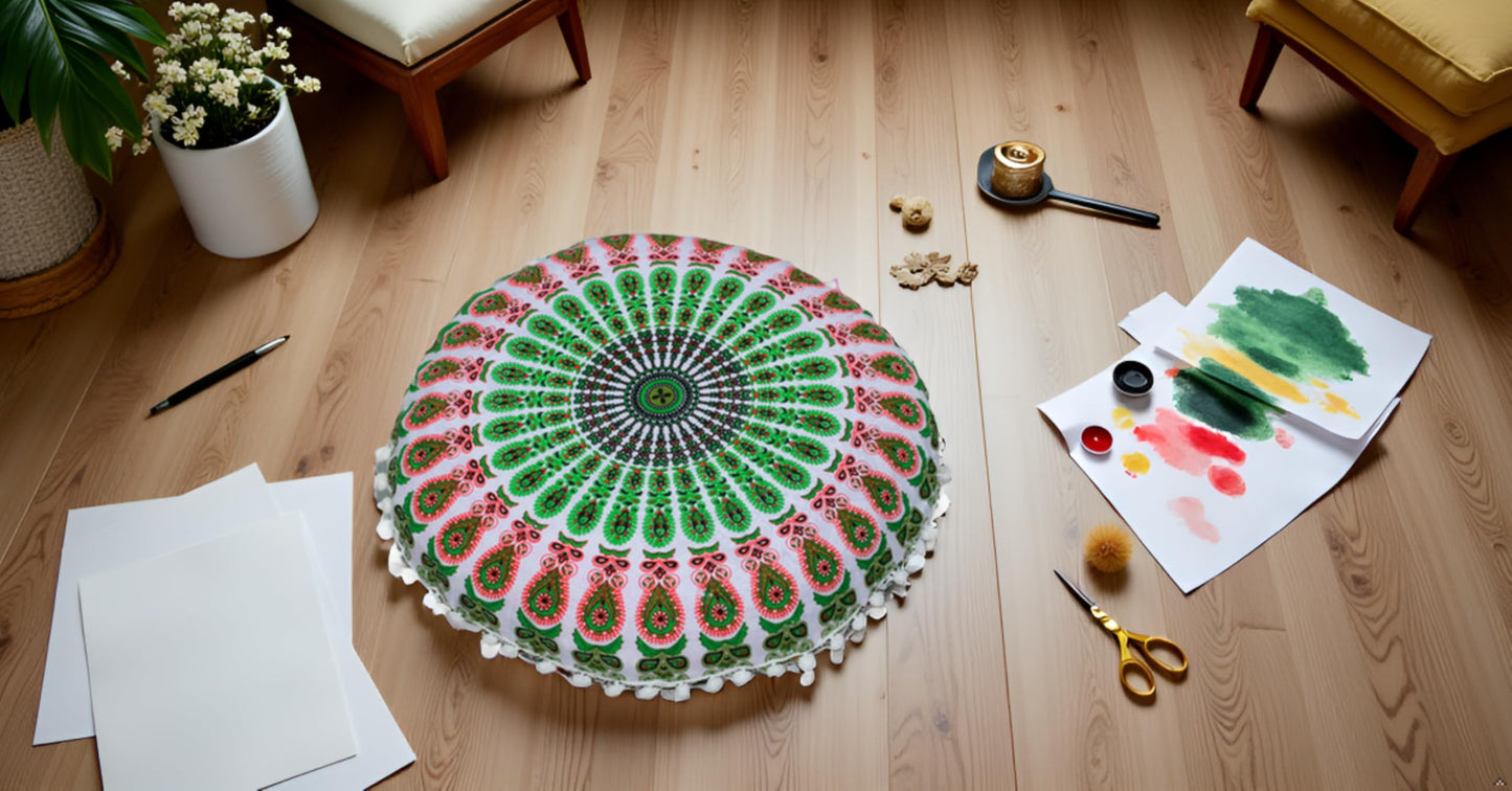 CRAFT KALA 22" Mandala Meditation Floor Pillows Cover Pouf Cover Round Seating Bohemian Mandala Cotton Floor Cushion Cover Outdoor Fireplace Seating