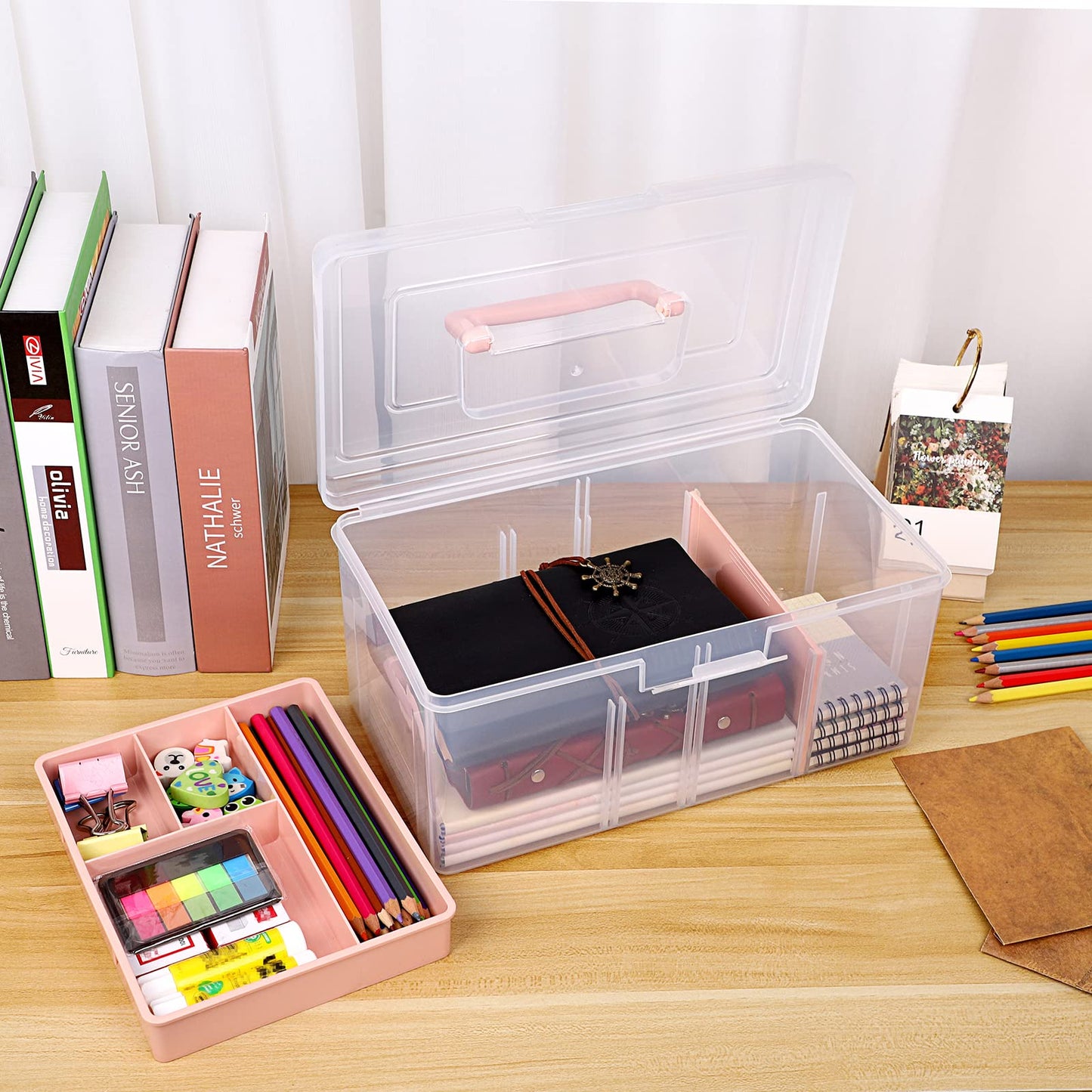 IGNPION Craft Storage Box with 7 Compartments, Plastic Organiser Box, Pink