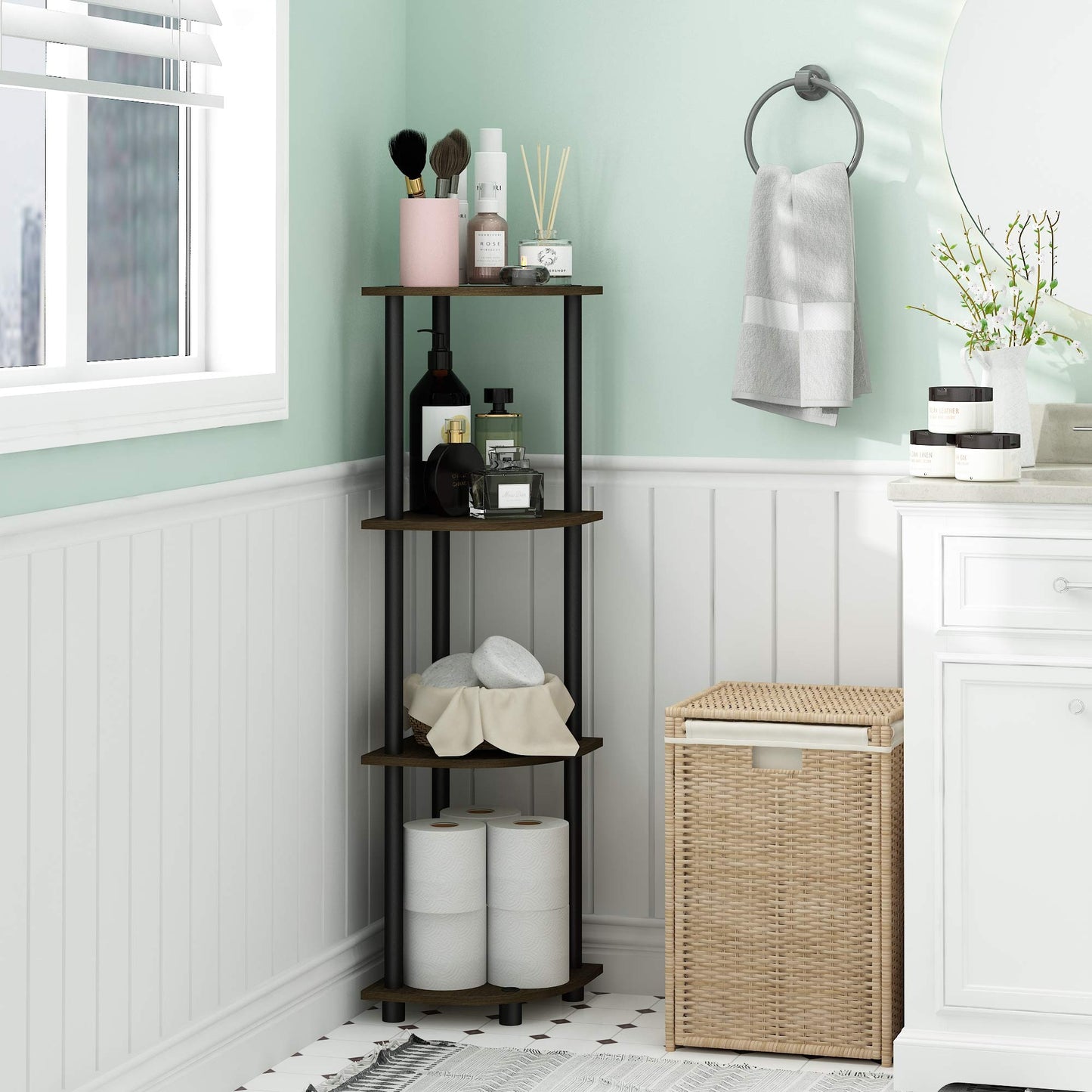 Furinno TURN-N-TUBE Toolless Assembly 4-Tier Corner Shelf, Black Corner Book Shelf, Open Shelves Bookshelf, for Organization and Storage, Living Room
