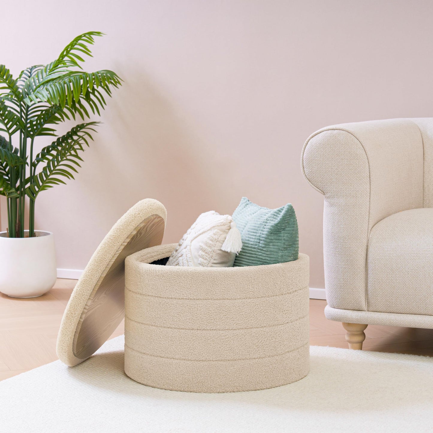 Bonlife Ottoman with Storage, Folding Boucle Stool,Coffee Table,Chest Toy Box,Footstool for Living Room,Bedroom,Beige,Large Round,56x56x40cm