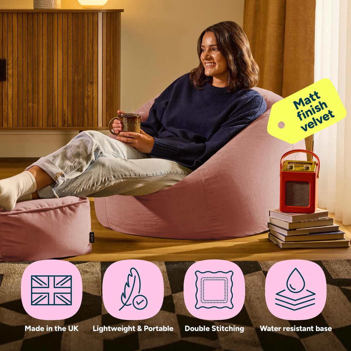 icon Kingston Velvet Bean Bag & Footstool with Filling Included, Pink