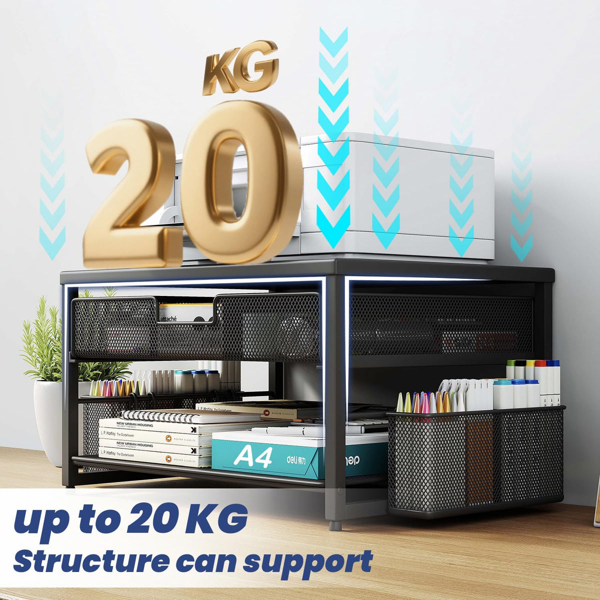 BOKIOVIN Metal Desk Printer Stand with Storage Drawer and 2 Pen Holders, 2 Tier Desktop Printer Riser Shelf with Paper Holder Storage,Multi-Purpose