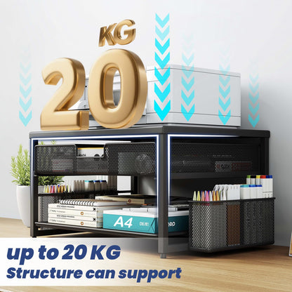 BOKIOVIN Metal Desk Printer Stand with Storage Drawer and 2 Pen Holders, 2 Tier Desktop Printer Riser Shelf with Paper Holder Storage,Multi-Purpose