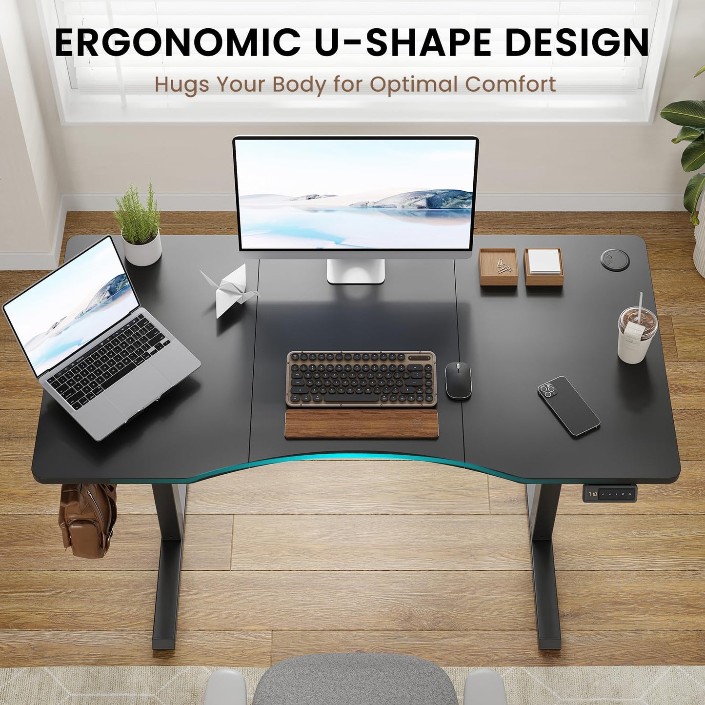Farini U-Shaped Ergonomic Electric Standing Desk, 120x60cm, Height Adjustable Sit to Stand Desk with Memory Keypad & Headphone Hook for Home and