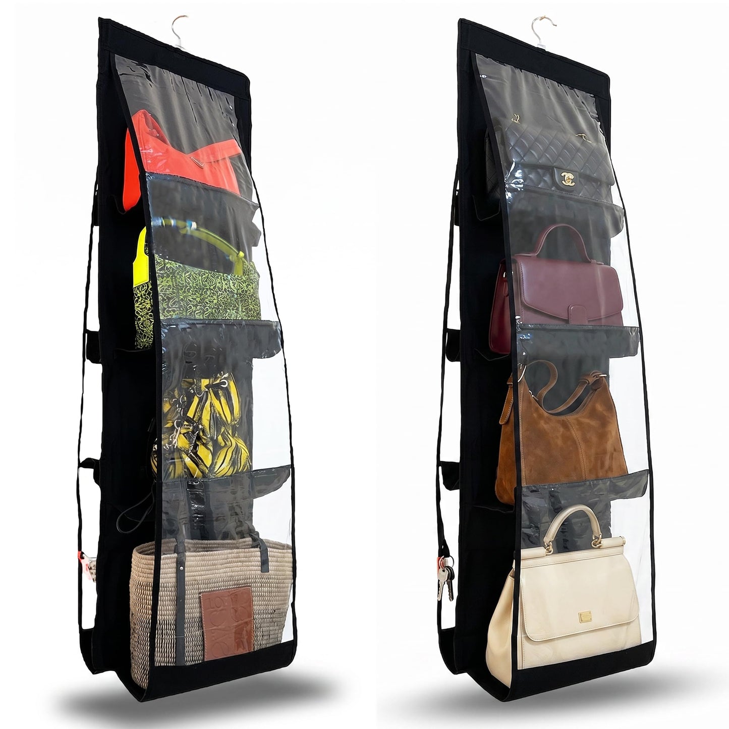 unel Hanging Handbag Storage Organiser (2 Pack), Each Hanger Holds 8 Bags for Wardrobes, Space Saving & Washable