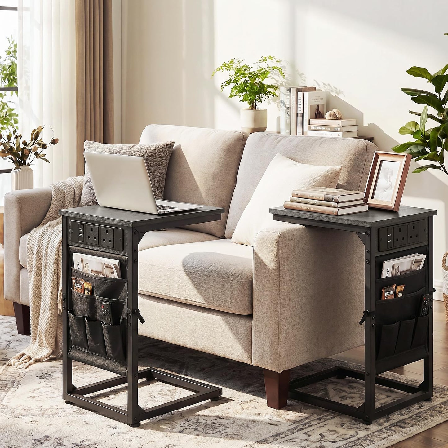 AMHANCIBLE C-Shaped Side Table, Side Table with Charging Station