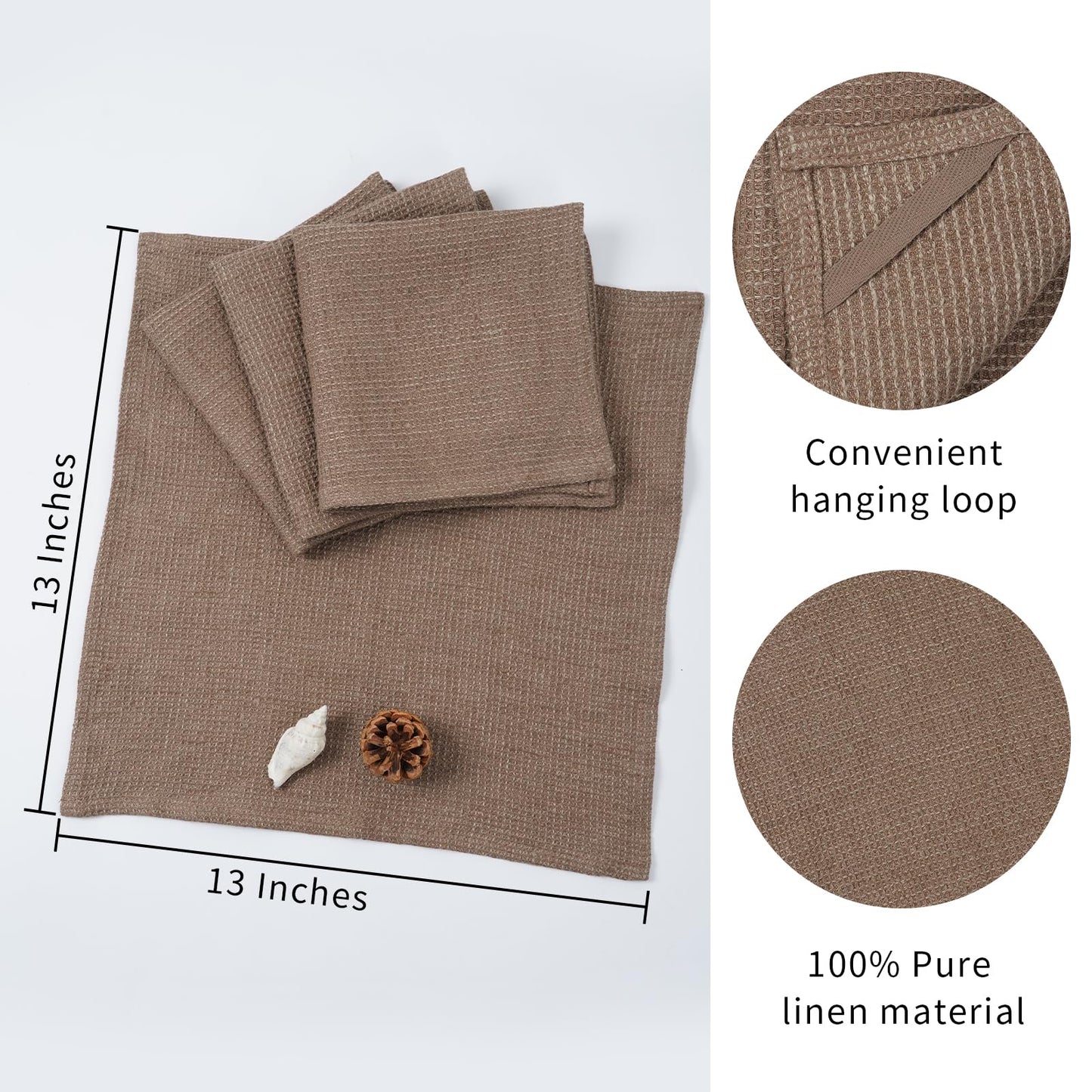 HSOFTIFY 100% Pure Linen Washcloths with Waffle Weave 4 Pack, Coffee