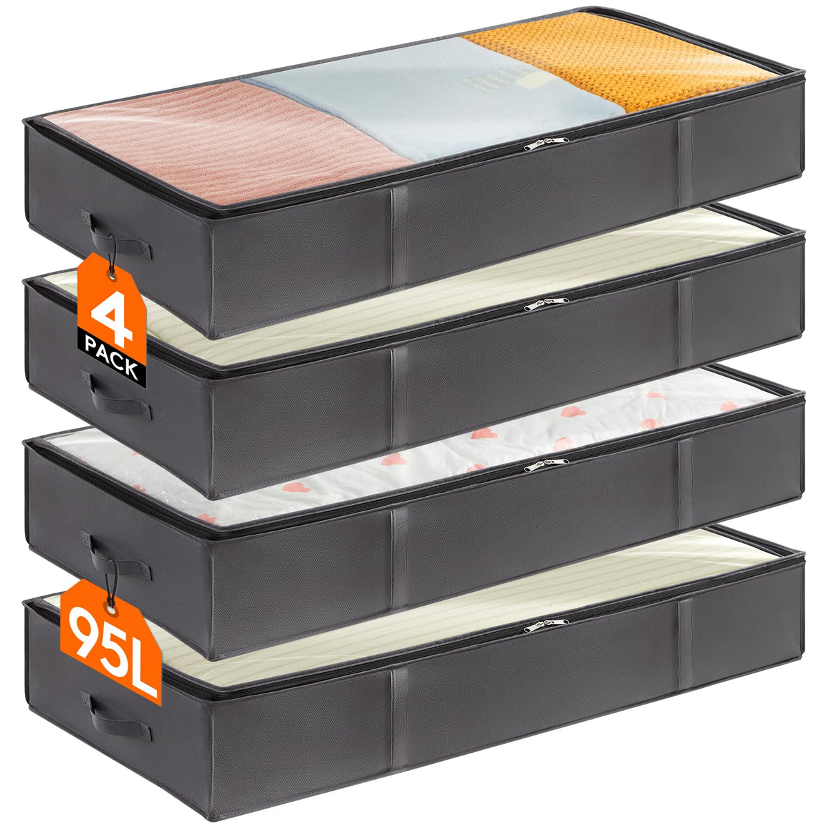 Lifewit 4 Pack 95L Under Bed Storage, Underbed Storage Boxes with lid Clothes Storage Bag Wardrobe Storage Organiser with Reinforced Handle
