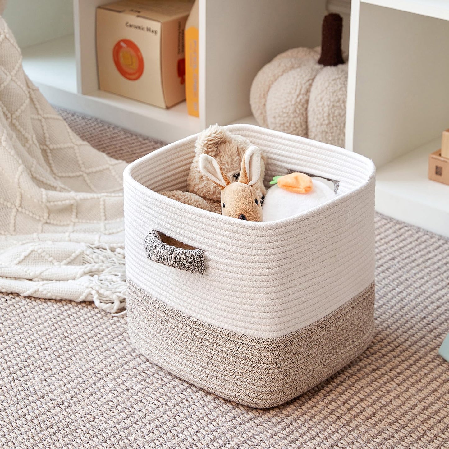 R RUNKA Storage Cube Baskets 3-Pack - 11 inch Square Baskets, Closet & Shelves Organizers - Woven & Drawer Storage - Ideal for Toys | White & Beige
