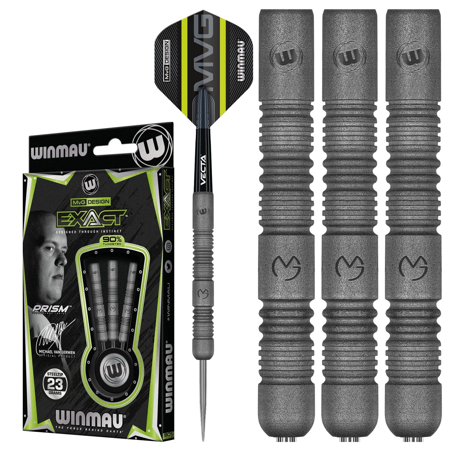 WINMAU Darts Set - Michael Van Gerwen MvG Exact Steeltip Darts - Includes Darts Flights & Stems, Available in 21.5g, 23g, 24g & 25g, Professional 90%